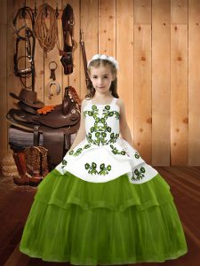 Olive Green Sleeveless Embroidery Floor Length Pageant Gowns
