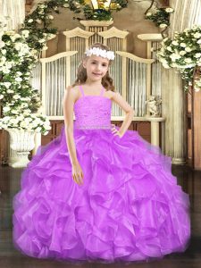 Lavender Organza Zipper Straps Sleeveless Floor Length Child Pageant Dress Beading and Lace and Ruffles