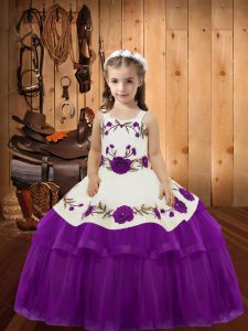 Customized Purple Ball Gowns Straps Sleeveless Organza Floor Length Lace Up Embroidery and Ruffled Layers Little Girls Pageant Dress Wholesale