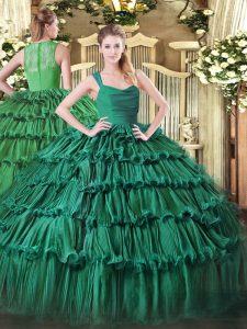 Cute Dark Green Sleeveless Floor Length Ruffled Layers Zipper Quince Ball Gowns