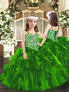 Sleeveless Floor Length Beading and Ruffles Lace Up Pageant Dress for Girls with Green