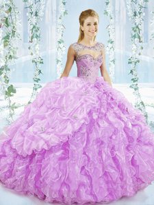 Sleeveless Beading and Ruffles Lace Up Quinceanera Gowns with Lilac Brush Train
