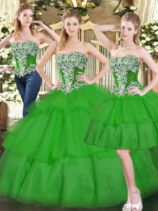 High Quality Sleeveless Floor Length Beading and Ruffled Layers Lace Up Vestidos de Quinceanera with Green
