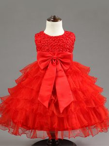 Super Red Pageant Dress Wedding Party with Ruffled Layers and Bowknot Scoop Sleeveless Zipper