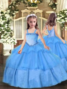 Ball Gowns High School Pageant Dress Baby Blue Straps Organza Sleeveless Floor Length Lace Up