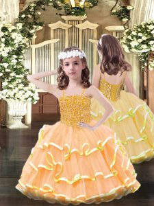 Floor Length Lace Up Little Girl Pageant Gowns Orange for Party and Quinceanera with Beading and Ruffled Layers