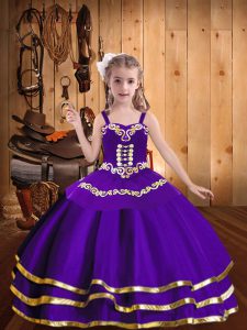 Excellent Purple Straps Neckline Embroidery and Ruffled Layers Kids Formal Wear Sleeveless Lace Up