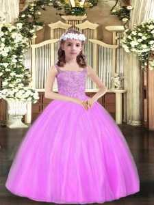 Most Popular Lilac Ball Gowns Straps Sleeveless Tulle Floor Length Lace Up Beading Pageant Gowns