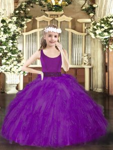 High Quality Floor Length Purple Little Girls Pageant Dress Tulle Sleeveless Beading