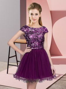 Purple Scoop Neckline Sequins Quinceanera Dama Dress Cap Sleeves Zipper