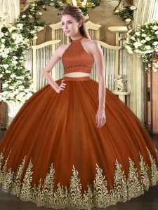 Elegant Rust Red Tulle Backless Halter Top Sleeveless Floor Length Sweet 16 Dress Beading and Appliques