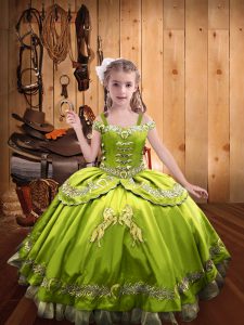 High Class Yellow Green Satin Lace Up Pageant Dress Wholesale Sleeveless Floor Length Beading and Embroidery