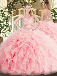 Scoop Sleeveless Zipper Ball Gown Prom Dress Baby Pink Tulle
