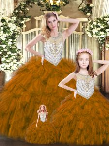 Floor Length Lace Up Sweet 16 Quinceanera Dress Brown for Military Ball and Sweet 16 and Quinceanera with Beading and Ruffles