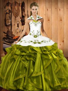 Pretty Olive Green Party Dress Military Ball and Sweet 16 and Quinceanera with Embroidery and Ruffles Halter Top Sleeveless Lace Up