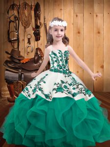 Custom Designed Straps Sleeveless Little Girl Pageant Dress Embroidery and Ruffles Turquoise Organza