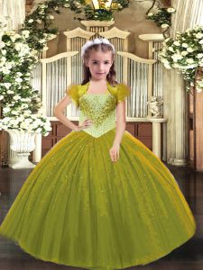 Unique Olive Green Tulle Lace Up Kids Formal Wear Sleeveless Floor Length Beading