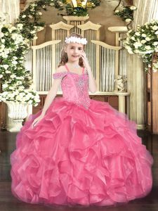 Amazing Floor Length Hot Pink Little Girls Pageant Dress Organza Sleeveless Beading and Ruffles