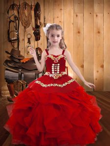 Glorious Red Organza Lace Up Pageant Dress Sleeveless Floor Length Embroidery and Ruffles