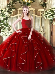 Wine Red Ball Gowns Organza Straps Sleeveless Ruffles Floor Length Zipper Quince Ball Gowns