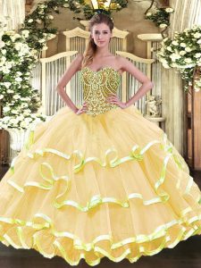Beauteous Gold Sweetheart Neckline Beading and Ruffled Layers 15 Quinceanera Dress Sleeveless Lace Up