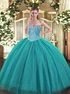 Pretty Turquoise Lace Up Sweetheart Beading Quinceanera Dress Tulle Sleeveless
