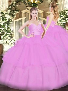 Dazzling Lilac Ball Gowns Organza Sweetheart Sleeveless Beading and Ruffled Layers Floor Length Lace Up 15th Birthday Dress