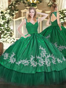Dark Green Sleeveless Beading and Appliques Floor Length Quince Ball Gowns