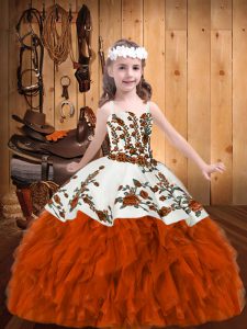 Rust Red Ball Gowns Organza Straps Sleeveless Beading and Embroidery Floor Length Lace Up Pageant Gowns For Girls