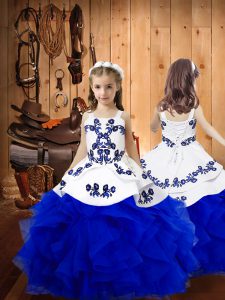 Elegant Embroidery and Ruffles Little Girls Pageant Dress Wholesale Royal Blue Lace Up Sleeveless Floor Length