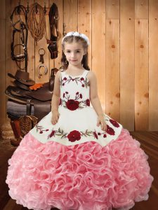 Straps Sleeveless Fabric With Rolling Flowers Girls Pageant Dresses Embroidery and Ruffles Lace Up