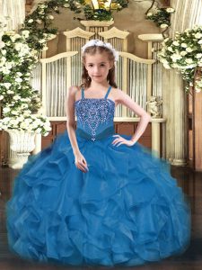 Blue Ball Gowns Beading and Ruffles High School Pageant Dress Lace Up Organza Sleeveless Floor Length
