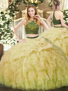 Hot Selling Ball Gowns Sweet 16 Quinceanera Dress Yellow Green Halter Top Organza Sleeveless Floor Length Zipper
