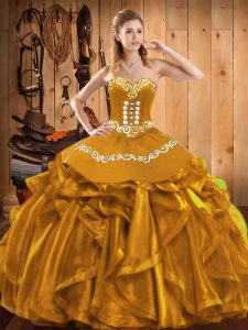 Gold Organza Lace Up Quinceanera Gowns Sleeveless Floor Length Embroidery and Ruffles