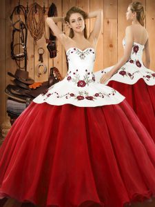 Most Popular Wine Red Satin and Tulle Lace Up Halter Top Sleeveless Floor Length 15 Quinceanera Dress Embroidery
