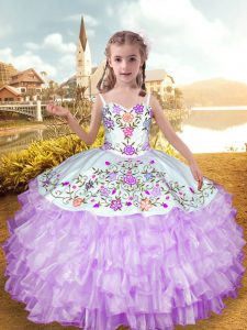 Lilac Ball Gowns Embroidery and Ruffled Layers Little Girl Pageant Dress Lace Up Organza and Taffeta Sleeveless Floor Length