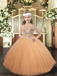 Affordable Peach Lace Up Straps Beading Pageant Gowns For Girls Tulle Sleeveless