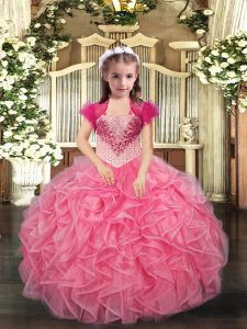 Cheap Straps Sleeveless Little Girls Pageant Dress Wholesale Floor Length Beading and Ruffles Coral Red Organza