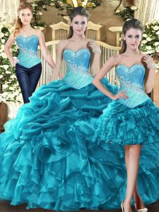 Beautiful Teal Sweetheart Lace Up Beading and Ruffles 15 Quinceanera Dress Sleeveless