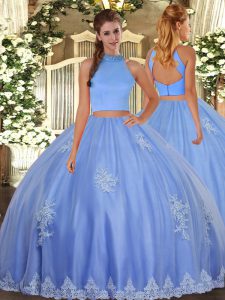 Halter Top Sleeveless Quinceanera Dress Floor Length Beading and Appliques Baby Blue Tulle