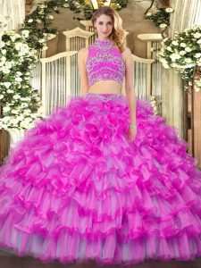 Floor Length Backless Sweet 16 Dresses Lilac for Military Ball and Sweet 16 and Quinceanera with Beading and Ruffled Layers