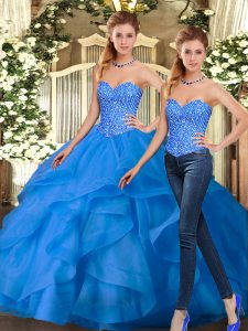 Fashionable Blue Sleeveless Organza Lace Up Ball Gown Prom Dress for Military Ball and Sweet 16 and Quinceanera