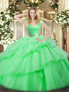 Organza V-neck Sleeveless Zipper Ruffled Layers Ball Gown Prom Dress in Green