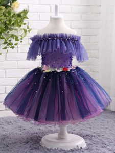 Beauteous Short Sleeves Lace Up Knee Length Beading and Hand Made Flower High School Pageant Dress