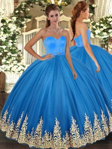 Sleeveless Tulle Floor Length Lace Up 15 Quinceanera Dress in Blue with Appliques