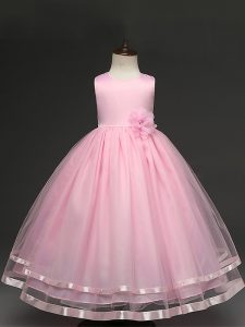 Latest Floor Length Zipper High School Pageant Dress Baby Pink for Wedding Party with Hand Made Flower