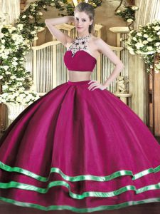 Adorable Fuchsia Sleeveless Tulle Backless Quinceanera Gown for Military Ball and Sweet 16 and Quinceanera