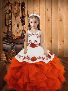 Exquisite Orange Red Tulle Lace Up Pageant Gowns For Girls Sleeveless Floor Length Embroidery and Ruffles
