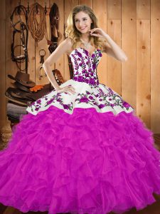 Affordable Fuchsia Ball Gowns Sweetheart Sleeveless Tulle Floor Length Lace Up Embroidery and Ruffles Custom Made