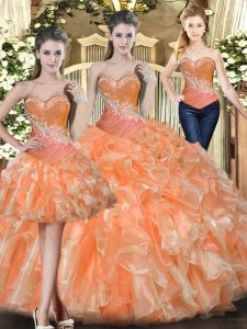 Dazzling Orange Red Ball Gowns Sweetheart Sleeveless Tulle Floor Length Lace Up Beading and Ruffles Quince Ball Gowns